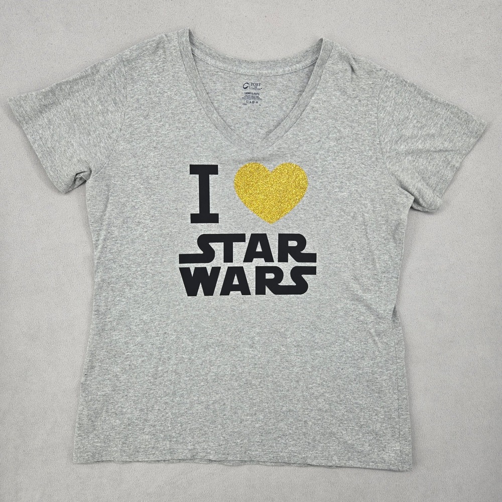 Port & Company Womens XL Gray I Heart Star Wars Glitter V-Neckโ Graphic T-Shirt